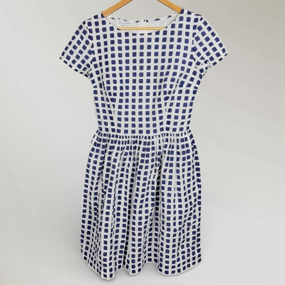 Oscar de la Renta Fit & Flare Blue White Check Dress Short Sleeve Sz 4 Small